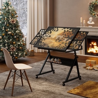 Set of 2 puzzle tables and desks with adjustable table tops, with 4 drawers for storage