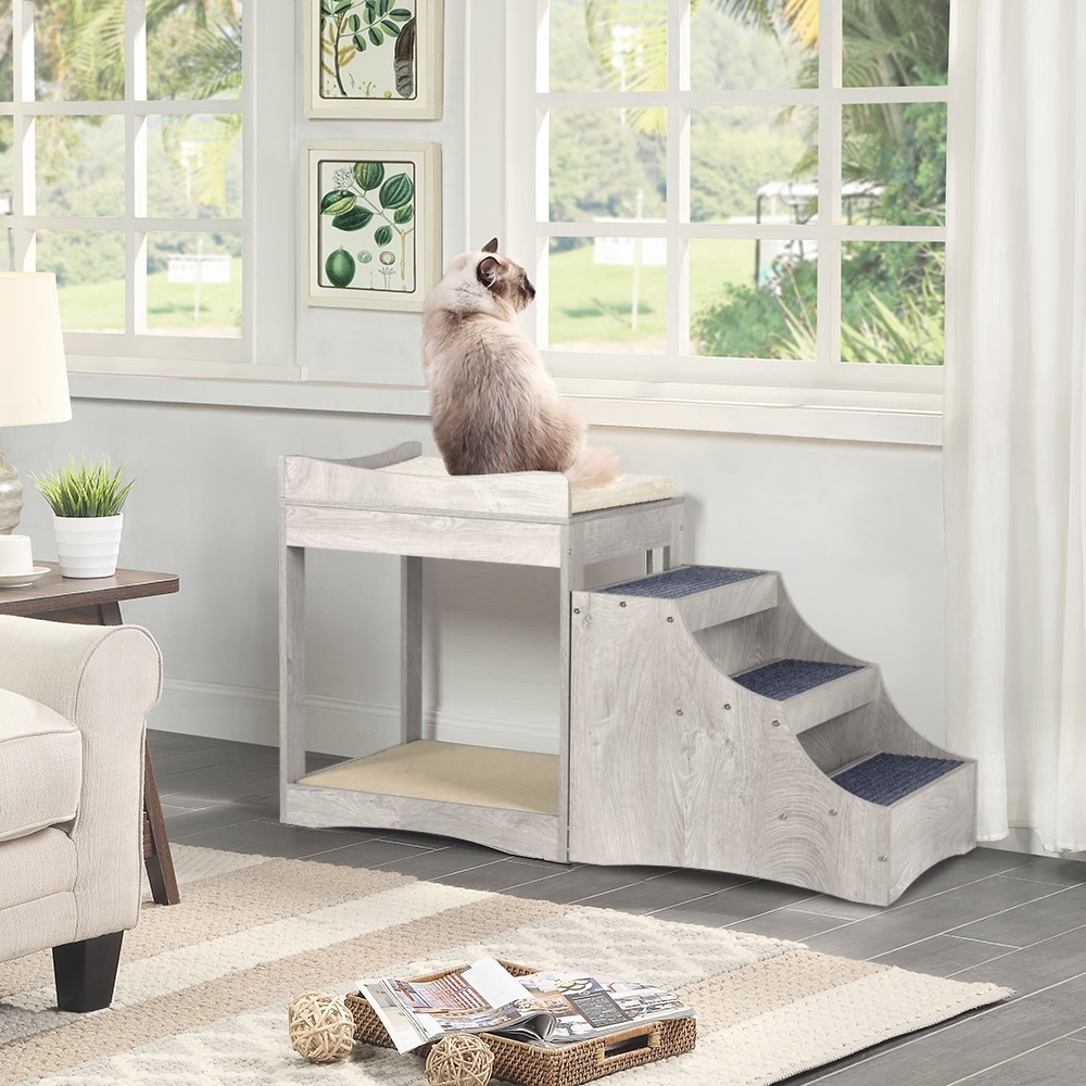 Large Pet Bunk Bed with Removable Stairs, Window Perch Platform with Cushion for Dogs and Cats