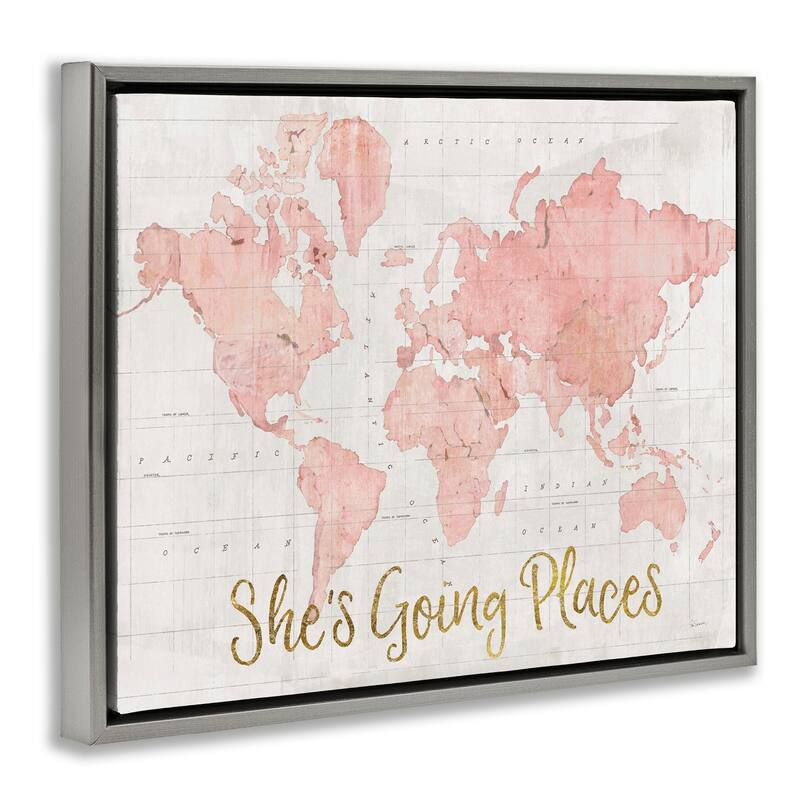 Stupell She's Going Places Quote Pink Watercolor World Map Floater Frame - Beige