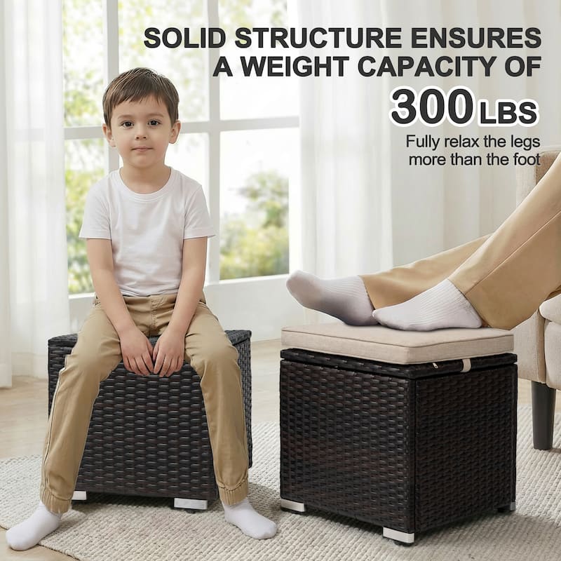 Patio 2-Piece Wicker Ottoman with Hidden Storage and Detachable Cushion