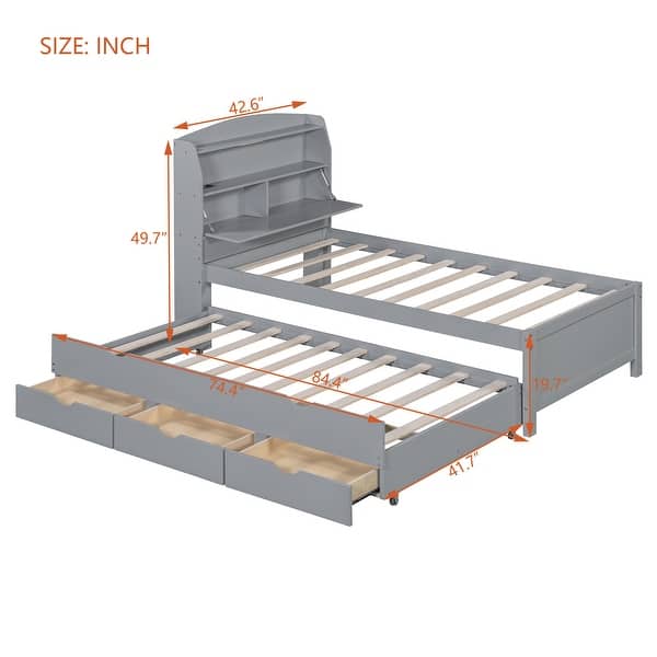 dimension image slide 0 of 2, Twin Size Wooden LED Platform Bed with Trundle & Storage Headboard with Drawers, Espresso
