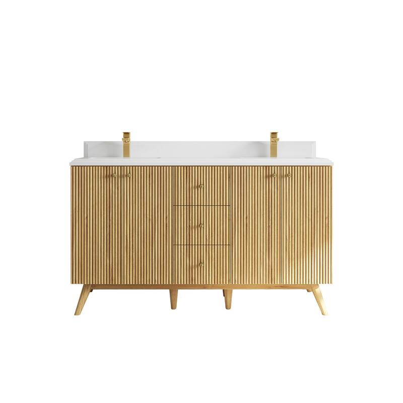 Willow Collections 60 in. W x 22 in. D Pasadena Solid Teak Double Sink Bathroom Vanity with Countertop - 1.5"White - Light Natural