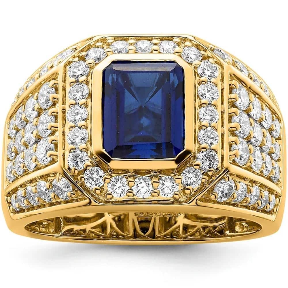 4 1/2Ct TW Men's Created Sapphire & Lab Grown Diamond Ring in Yellow Gold
