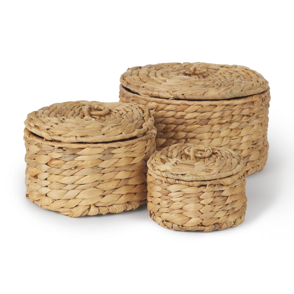 Kea Light Brown Weaved Water Hyacinth Round Nesting Boxes w/ Lids