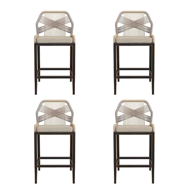 4 Set Modern Aluminum Twill Wicker Woven Outdoor Bar Stool Chair Set, Counter Height Stool with Back and Cushion - 40.6"H