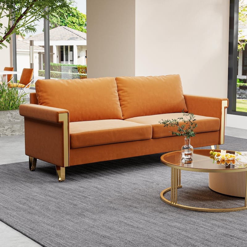 Stylish 76.34" Velvet Sofa with Gold Metal Accents - Mid-Century Modern 2-Seat Couch for Small Living Spaces.
