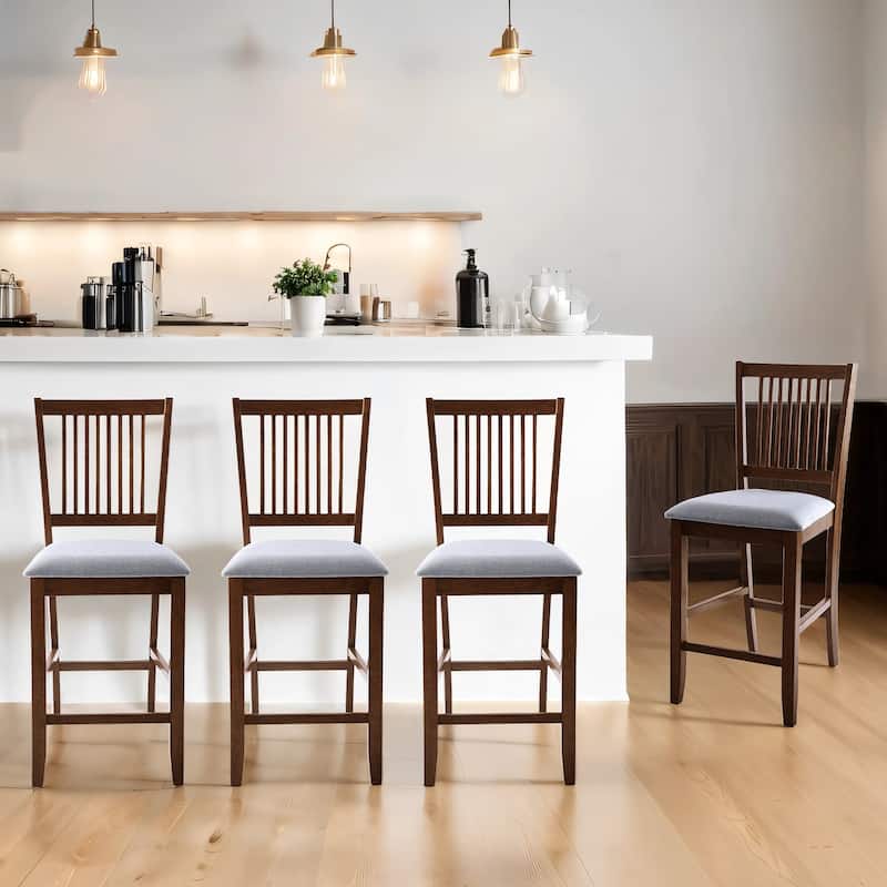 Farmhouse 24.8" Counter Height Chairs Slat Back Padded Wood Bar Stools - 21L×18W×35H - Set of 4 - Walnut