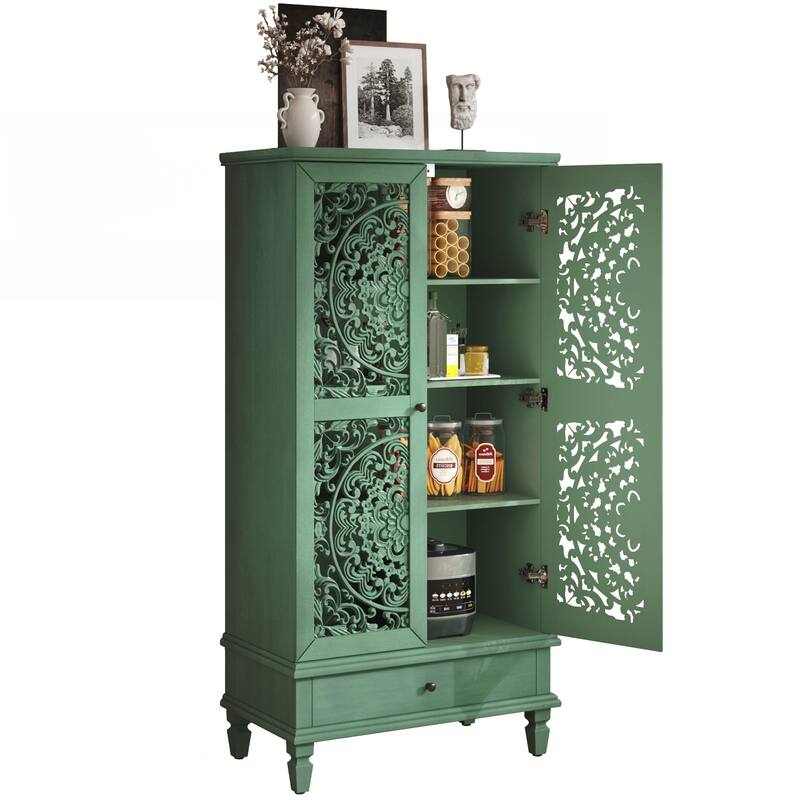 Tall Storage Cabinet with Drawer, Decorative 2-Door Carved Wood Accent Cabinet