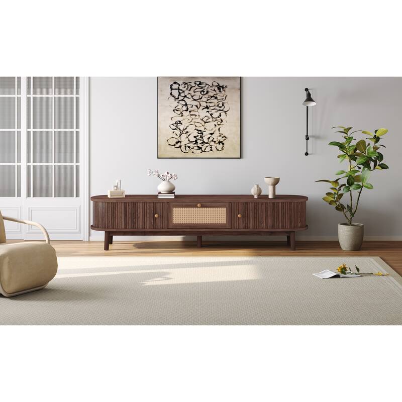 Anmytek 75 Inch Modern TV Stand Media Console Rattan Front Drawer 1 Drawer 2 Sliding Door Cabinets TV Cabinet