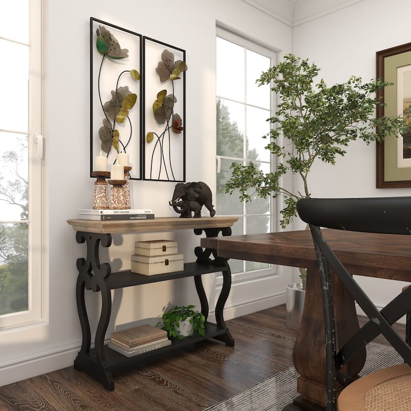 Black Metal Floral Home Wall Decor with Green and Orange Accents (Set of 2)