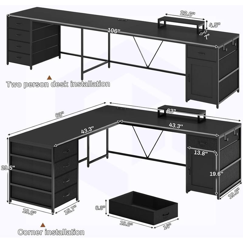 L Shaped Computer Desk 5 fabric Drawers Gaming Desk Storage Shelf