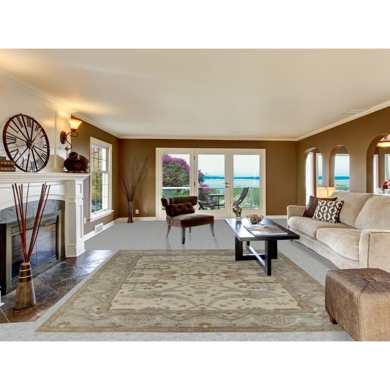 Beige Floral Oushak Indian Area Rug Hand-Knotted Wool Carpet - 8'1" x 9'10"