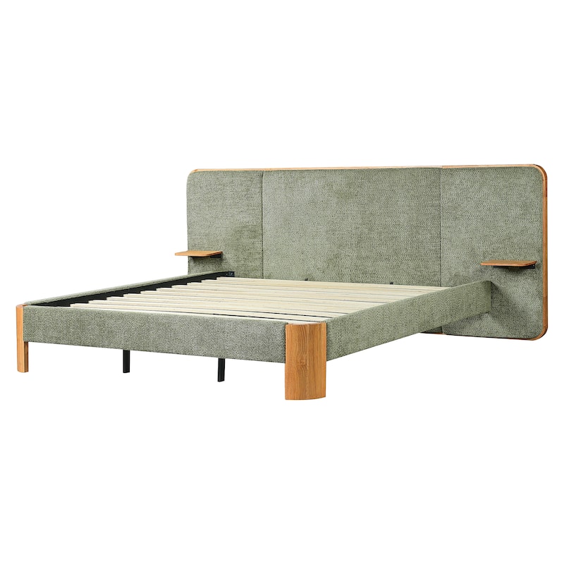 Christopher Knight Home - Modern Boucle Upholstered Platform Bed with Built-In Floating Shelves