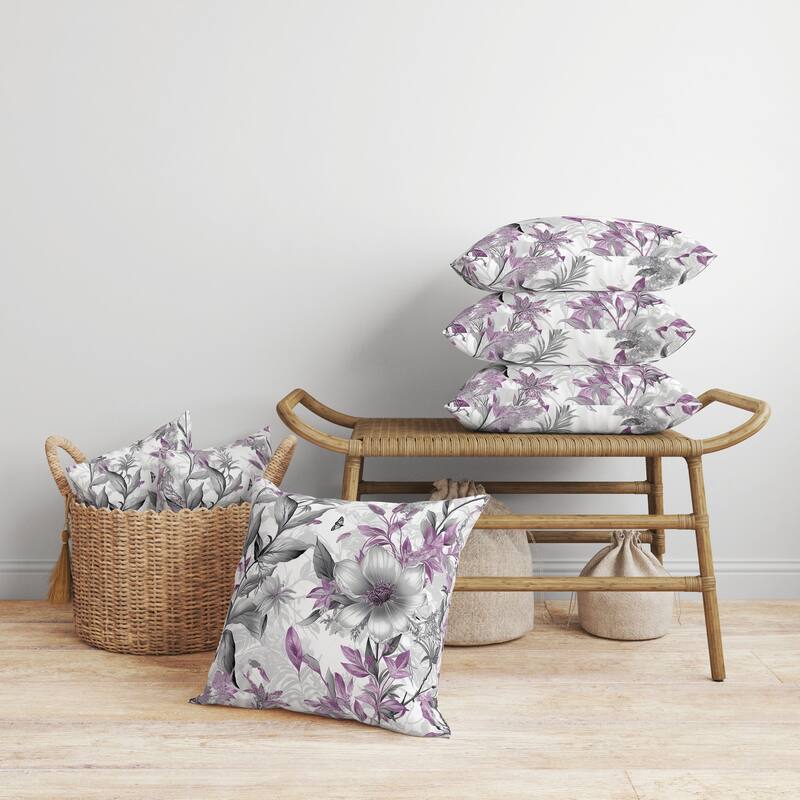 Exquisite Floral Breeze Faux Suede Reversible Throw Pillow Grey and Pink