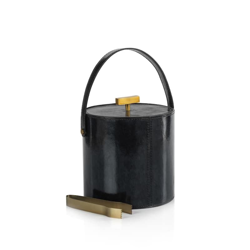 Somerstown Leather Ice Bucket with Gold Metal Ice Tong - 7.5" dia x 7.5"
