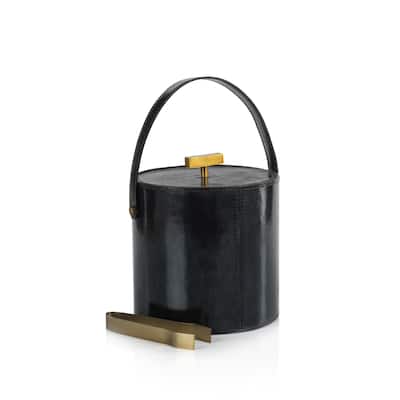 Somerstown Leather Ice Bucket with Gold Metal Ice Tong - 7.5" dia x 7.5"