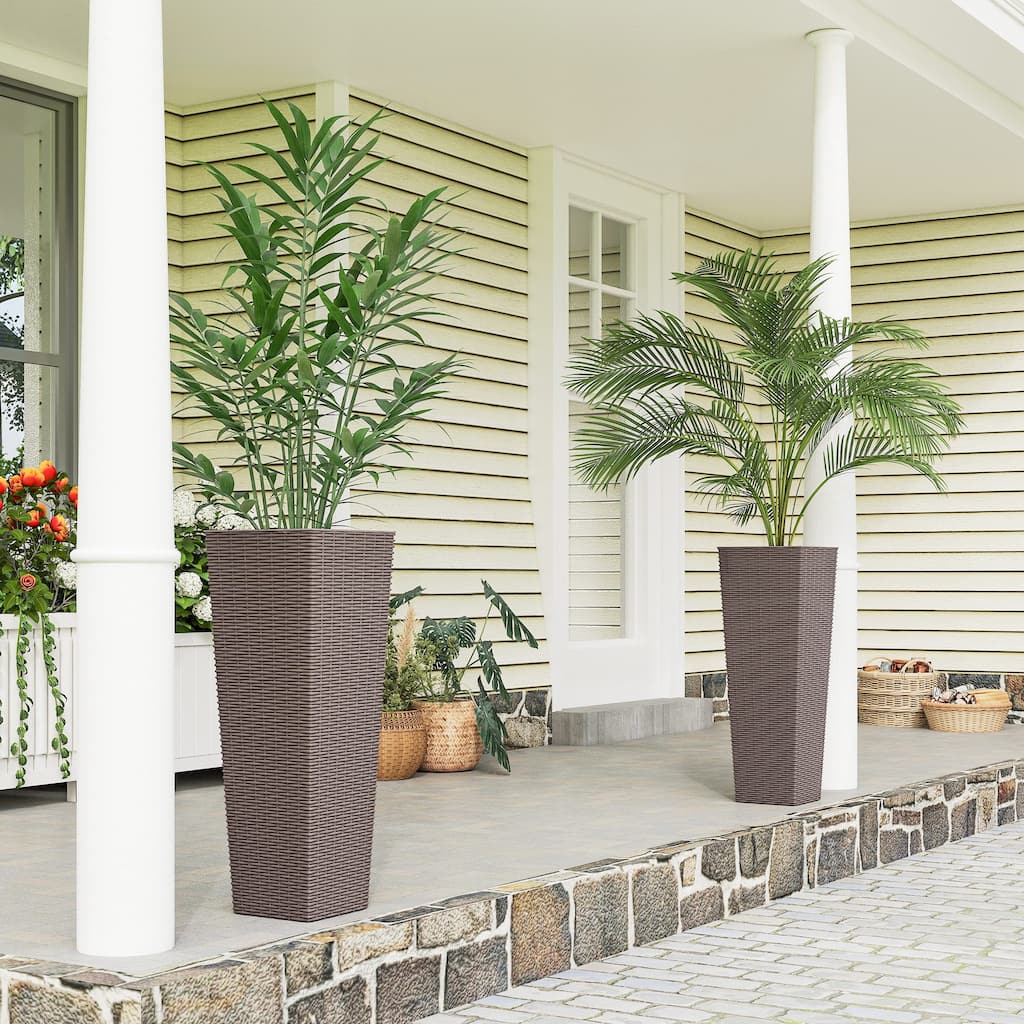 Outsunny 32 Inch Tall Planters for Outdoor Plants, Set of 2 Plastic Rattan-Like Flower Pots with Drainage Holes