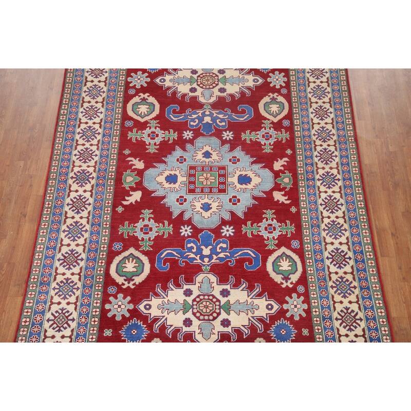 Hand Knotted Oriental 100% Wool Carpet Traditional Geometric Red Kazak Area Rug - 9' 9'' X 6' 6''