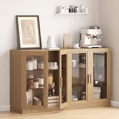 62"LX36"H Solid Wood Kitchen Pantry Sideboard Buffet Cabinet Storage with with Glass Doors