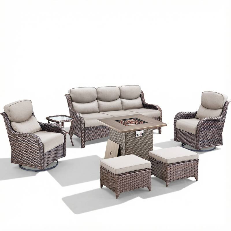 Pocassy Outdoor Propane Fire Pit Table with Sofa Swivel Chair Funiture Set.