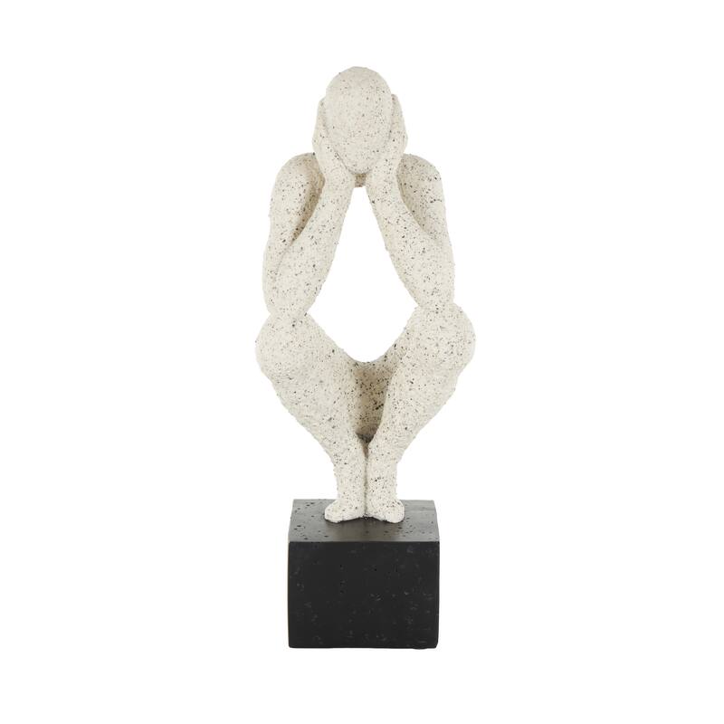 Cream Polystone Crouching People Decorative Sculpture with Black Square Base
