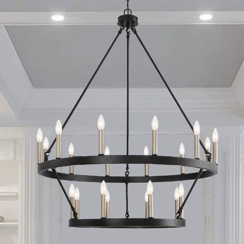 The Gray Barn Highclere Farmhouse 20-light Wagon Wheel Chandelier - 40"x40"x 47.83" - Classic Black/Contemporary Brass Dust