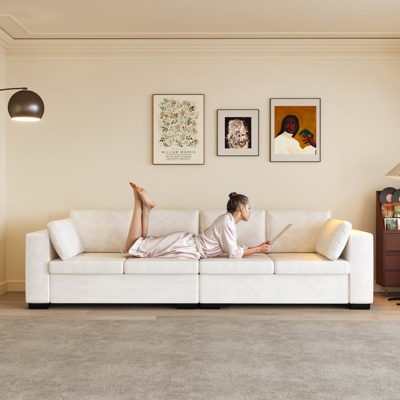 Modern Chenille Fabric 4-Seat Sofa Couch Off-White, Wood Frame, High Elastic Foam