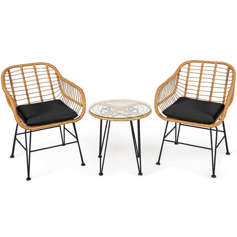 3 PCS Patio Bistro Set Rattan Conversation Set with Round Coffee Table - Black