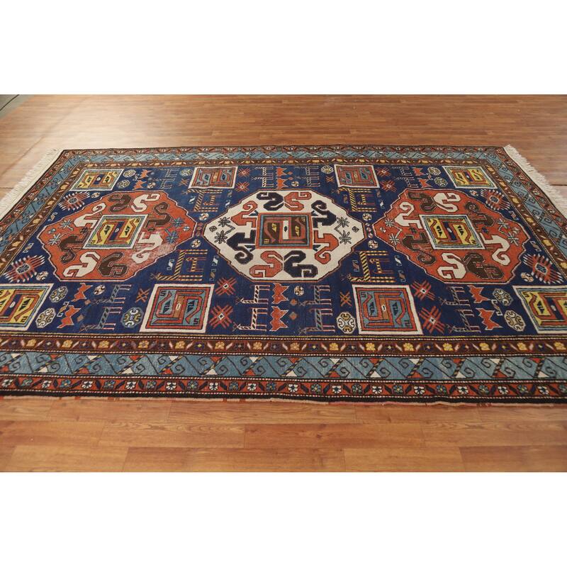 Hand Knotted Oriental 100% Wool Carpet Traditional Tribal Navy Blue & Blues Kazak Area Rug - 10' 0'' X 6' 7''
