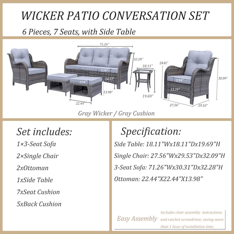 6 Piece Outdoor Patio Conversation Furniture Wicker High Back Sofa Set