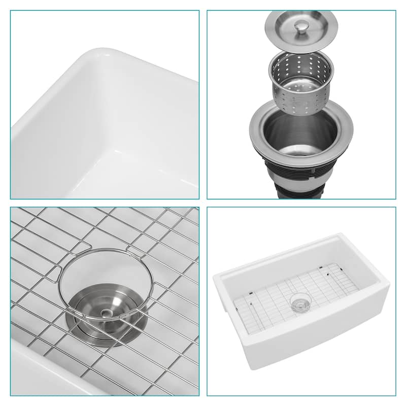 33" Farmhouse Single Bowl Ceramic Kitchen Sink in White - 33'' x 21'' x 10''