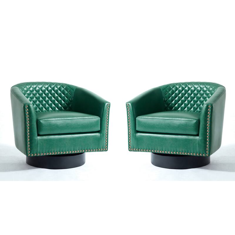 2 Set Tufted PU Vegan Leather Swivel Barrel Chair with Nailheads Trim