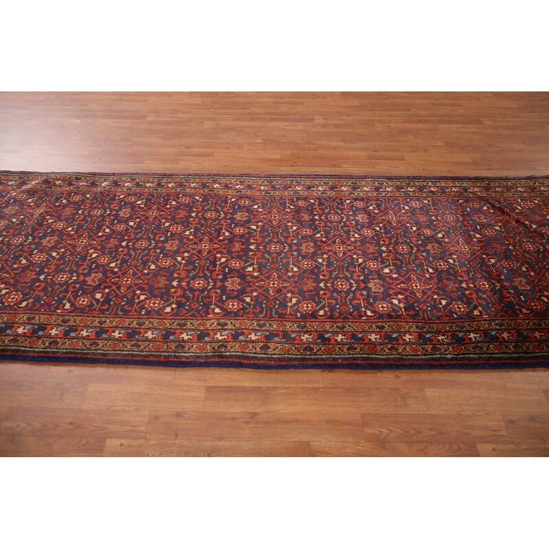 Hand Knotted Oriental 100% Wool Carpet Traditional Geometric Navy Blue & Blues Mahal Runner Rug - 9' 8'' X 3' 7''