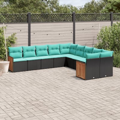vidaXL 10 Piece Patio Sofa Set with Cushions Black Poly Rattan