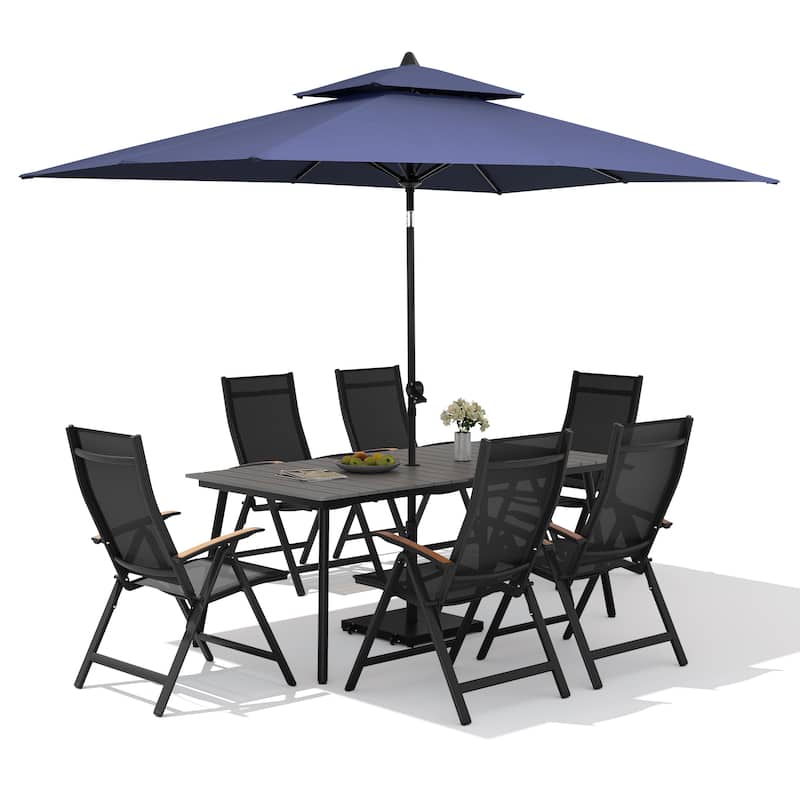 9PC Outdoor Patio Dining Set WoodLike Aluminum Umbrella Hole Table with Folding Chairs,Double Top Market Umbrella and Wheel Base