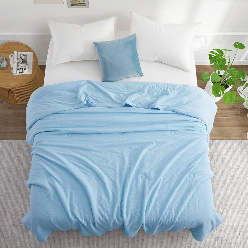 Lightweight Cooling Reversible Bed Blanket, Breathable Seersucker Comforter for Hot Sleepers