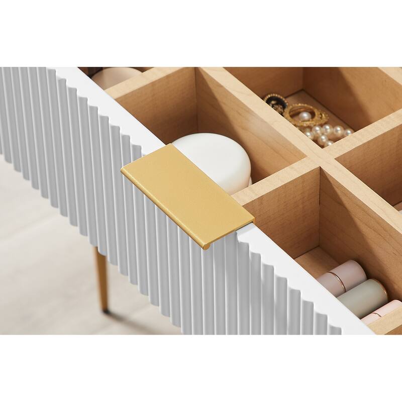 Modern Fluted Makeup Vanity Desk with Mirror, Lights, Charging Station