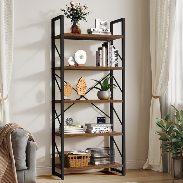Roul Wood 5 Tiers Bookshelf Modern Bookcase Storage Rack Shelves - Brown