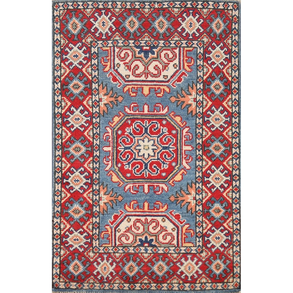 Blue Geometric Kazak Oriental Foyer Rug Handmade Wool Carpet - 2'0"x 3'0"