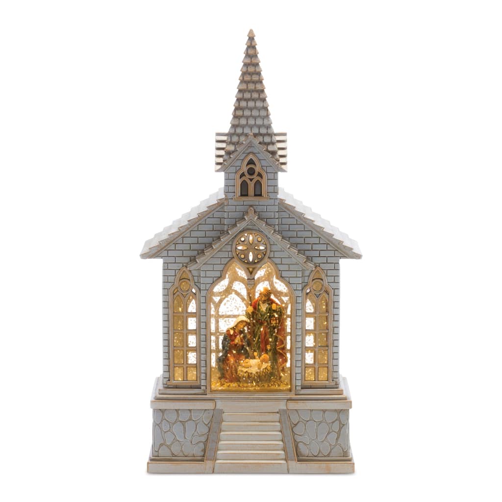 Silver Gold Plastic Lighted Snow Globe Church with Nativity Scene and Timer Function - 5.25"L x 3.25"W x 11.25"H