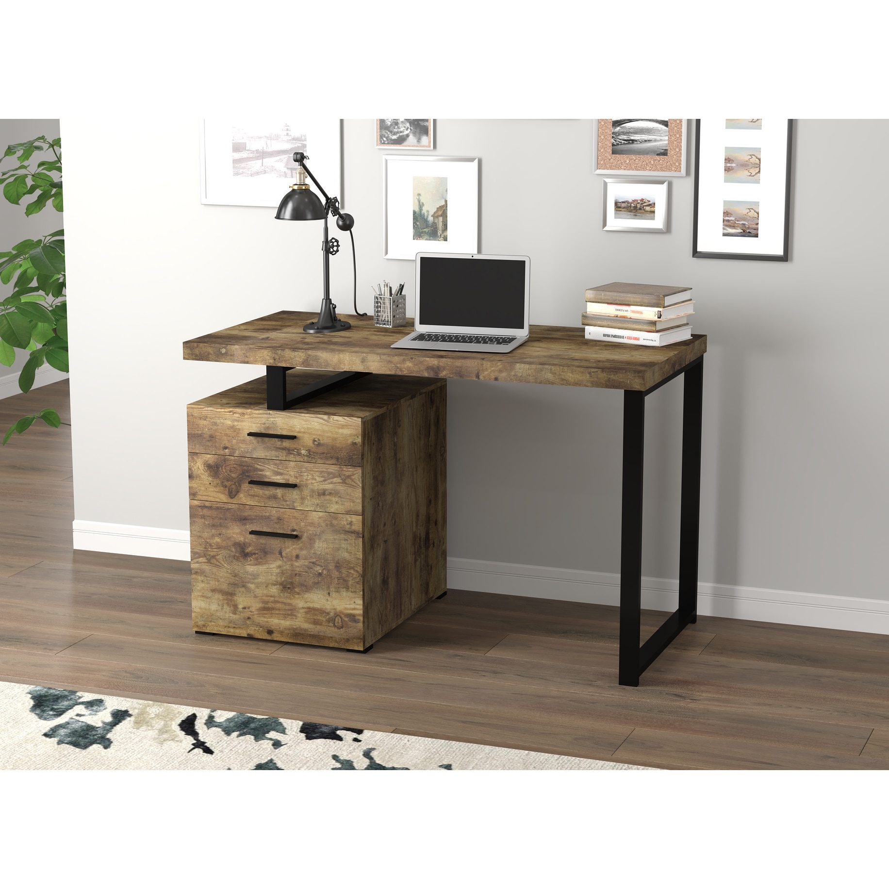 brown computer desk with drawers