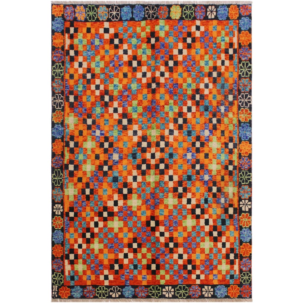 Modern Balochi Murray Orange/Black Hand Knotted Wool Rug - 4'9'' x 6'7''