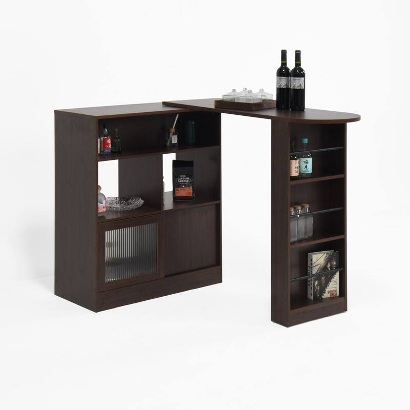 Walnut Modern Bar Cabinet with Rotating Top and Glass Doors