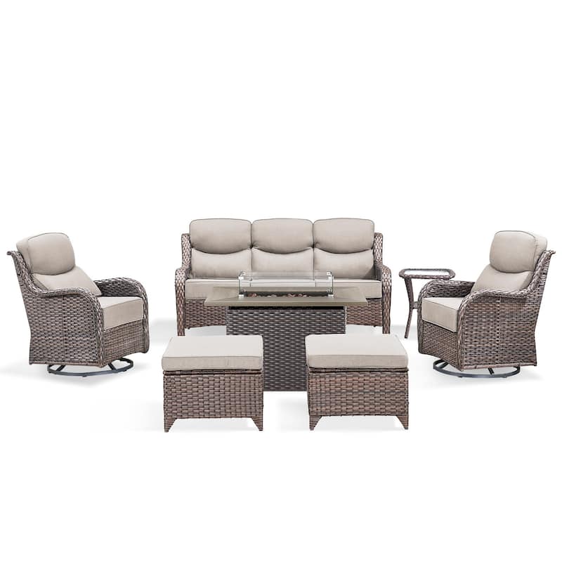 Pocassy 7 Pieces Outdoor 6 Inch Sofa Swivel Chair Ottoman with Fire Table