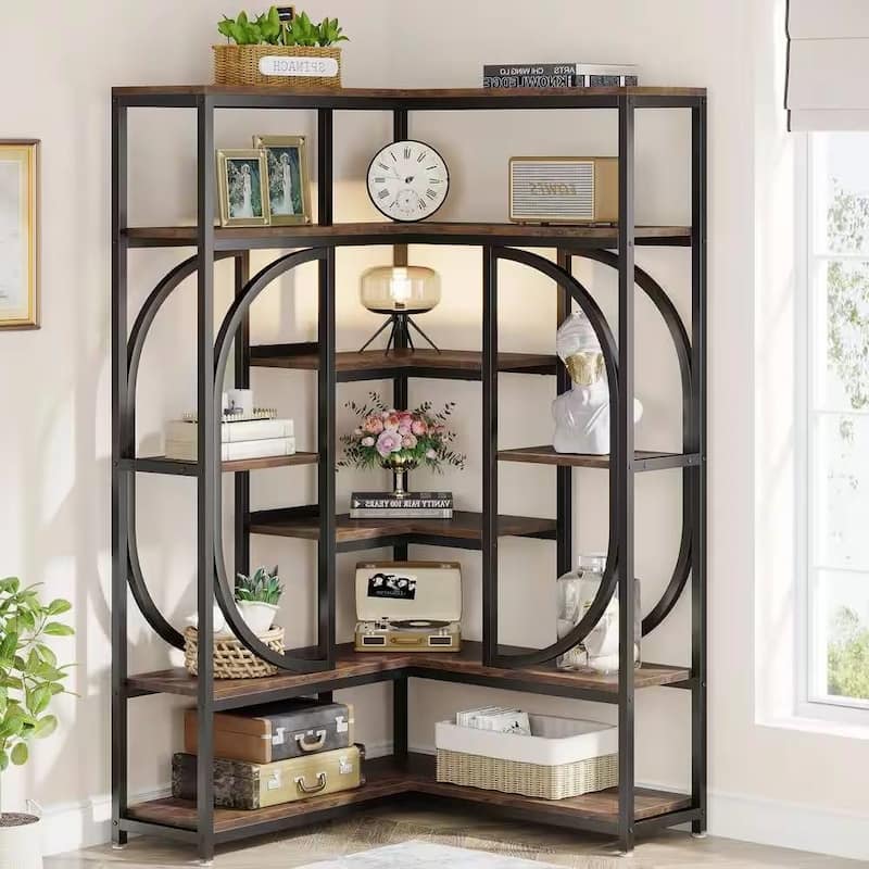 69" Tall L Shape Corner Bookshelf with 14 Open Shelves and Metal Frame for Living Room or Office Use - Brown