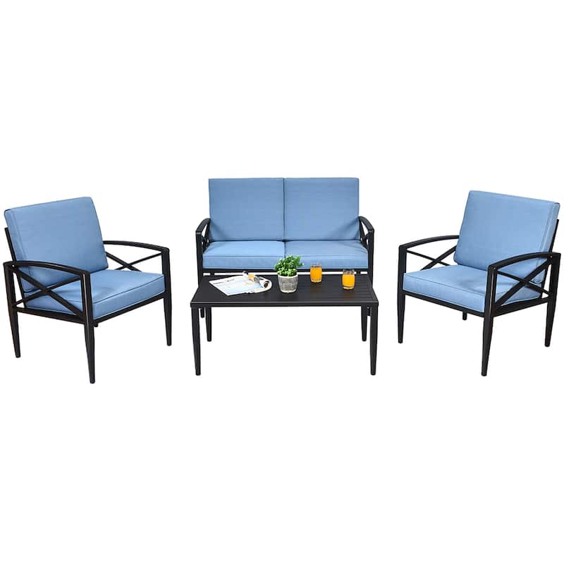 Costway 4PCS Patio Furniture Set Aluminum Frame Cushioned Sofa Chair - Black/Blue - 4-Piece Sets