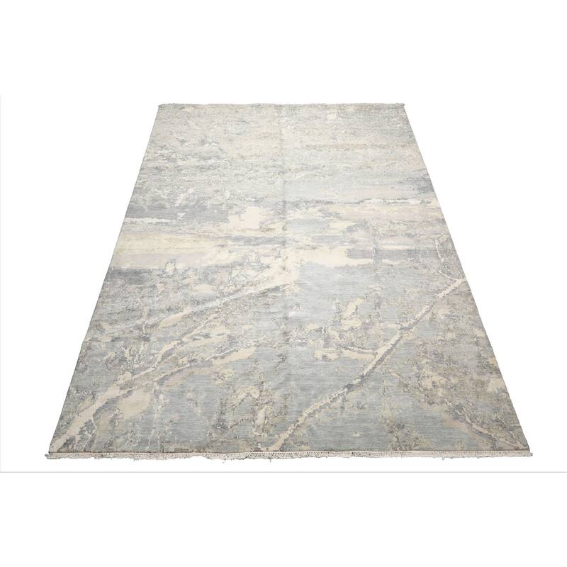 9'x11'11" Ivory Modern Tibetan Wool and Silk Hand Knotted Oriental Rug - 9' x 11' 11''