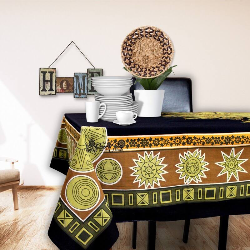 Sun Goddess Cotton Tablecloth Rectangle Midnight Gold Dining Linen - Yellow - 88 x 104 inches