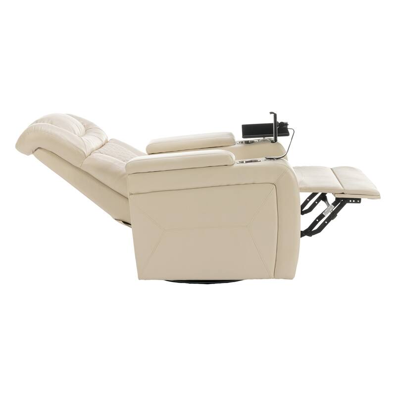 Roomfitters Swivel PU Leather Power Recliner Home Theater Recliner with Tray Table USB Port and Cup Holder