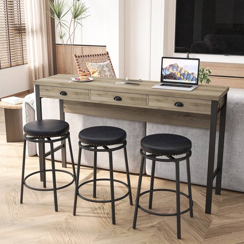 3-Drawer Long Dining Table Set with Power Outlets